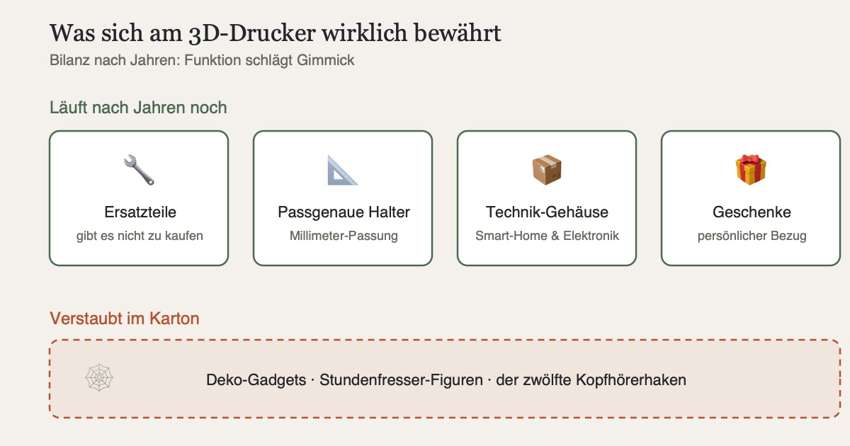 Schematische Darstellung: Vier Kategorien nützlicher 3D-Drucke - Ersatzteile, passgenaue Halterungen, Technik-Gehäuse und Geschenke - gegenüber einer Kiste mit verstaubten Deko-Gadgets