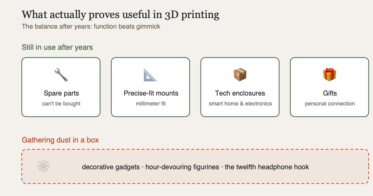 Schematic illustration: four categories of useful 3D prints - spare parts, precise-fit mounts, tech enclosures and gifts - contrasted with a box of dusty decorative gadgets