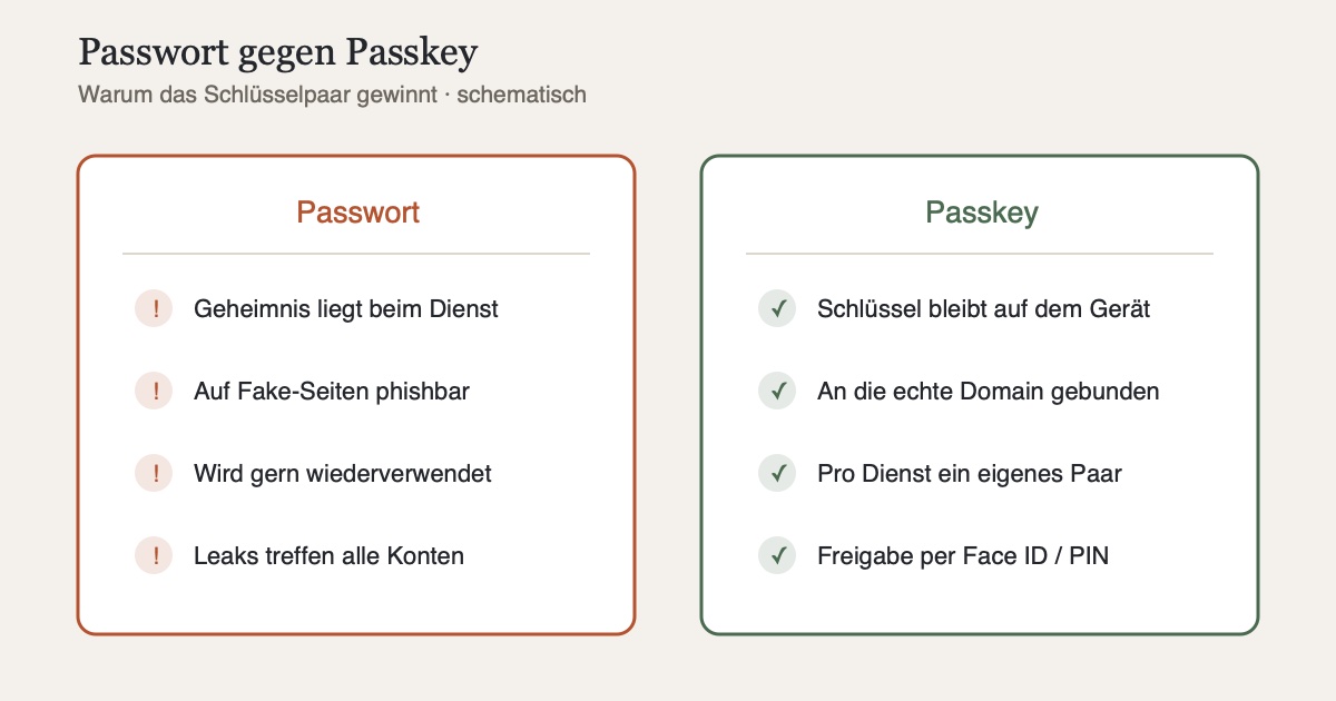 Schematische Gegenüberstellung: Passwort-Login mit Phishing-Risiko und wiederverwendeten Passwörtern gegenüber Passkey-Login mit Schlüsselpaar, das die Domain prüft