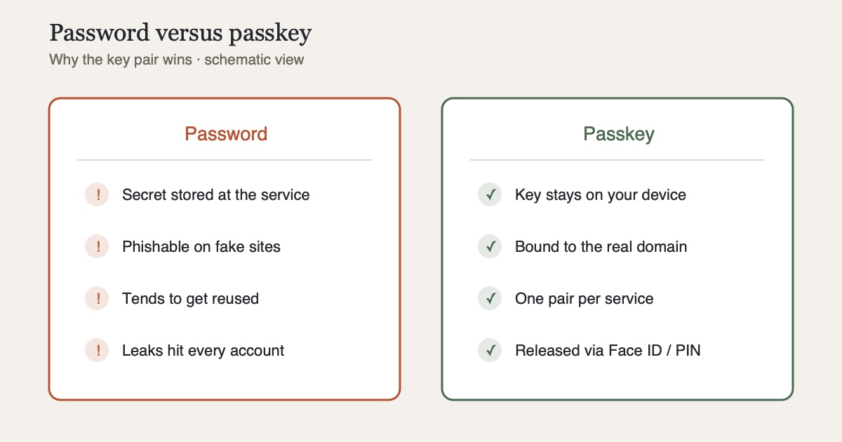 Schematic comparison: password login with phishing risk and reused passwords versus passkey login with a key pair that verifies the domain