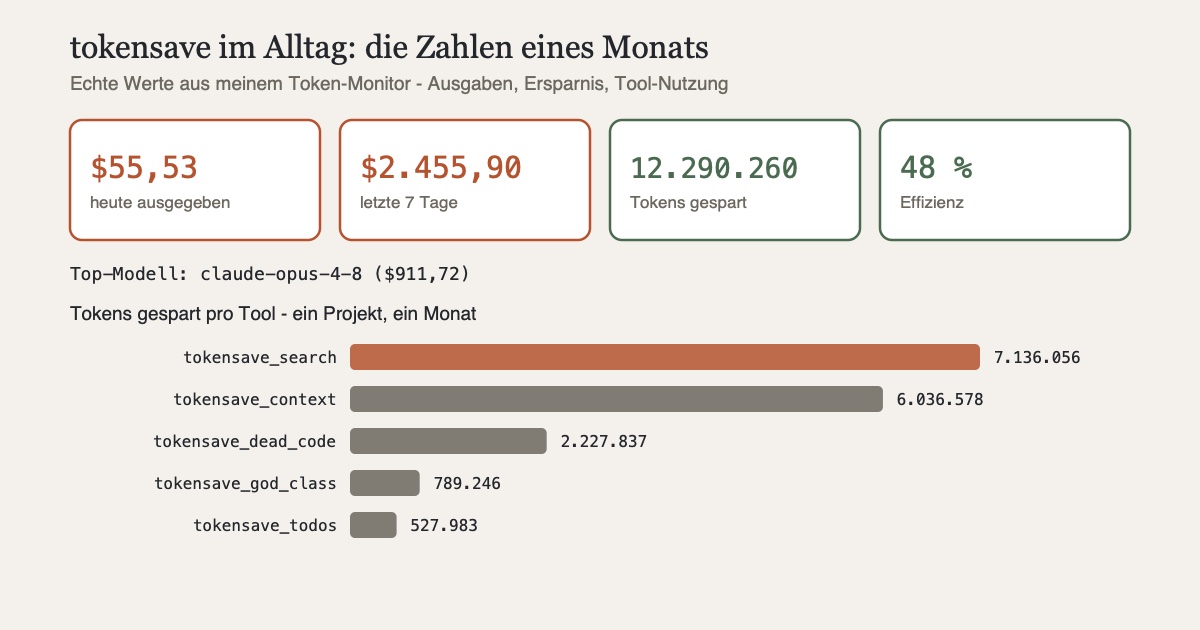 Dashboard mit echten Kennzahlen aus dem TokenSave-Monitor: Ausgaben, gesparte Tokens, Effizienz und Tool-Aufschlüsselung, ohne Projektnamen