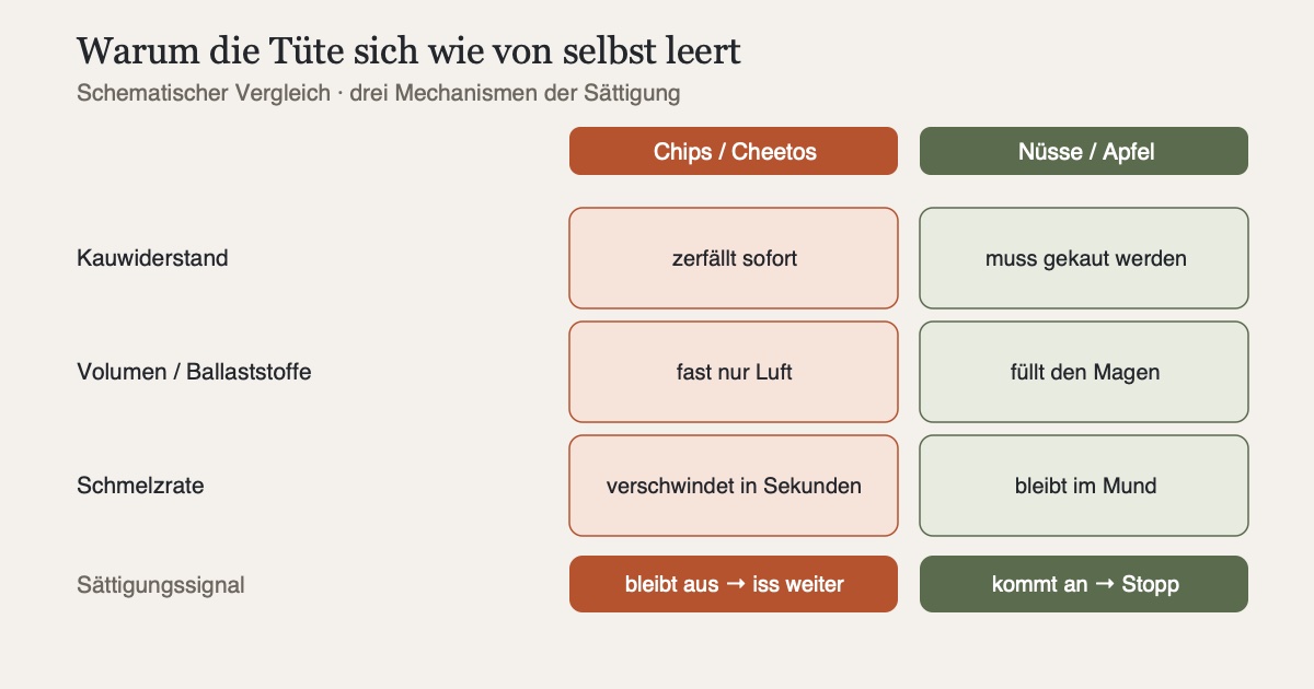 Vergleich in drei Zeilen: hochverarbeiteter Snack gegen Vollwert-Snack bei Kauwiderstand, Volumen und Schmelzrate, mit dem Sättigungssignal als Ergebnis