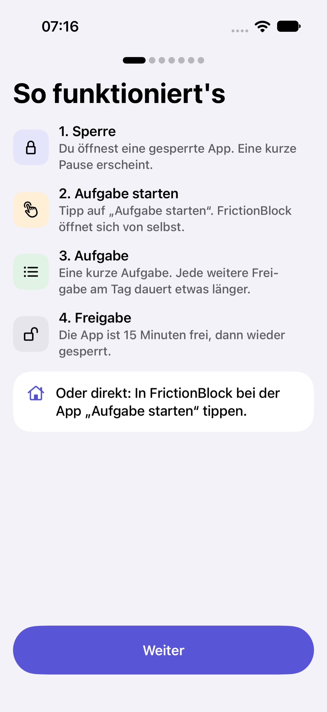 Onboarding-Bildschirm „So funktioniert's“ mit vier nummerierten Schritten: Sperre, Aufgabe starten, Aufgabe und Freigabe.