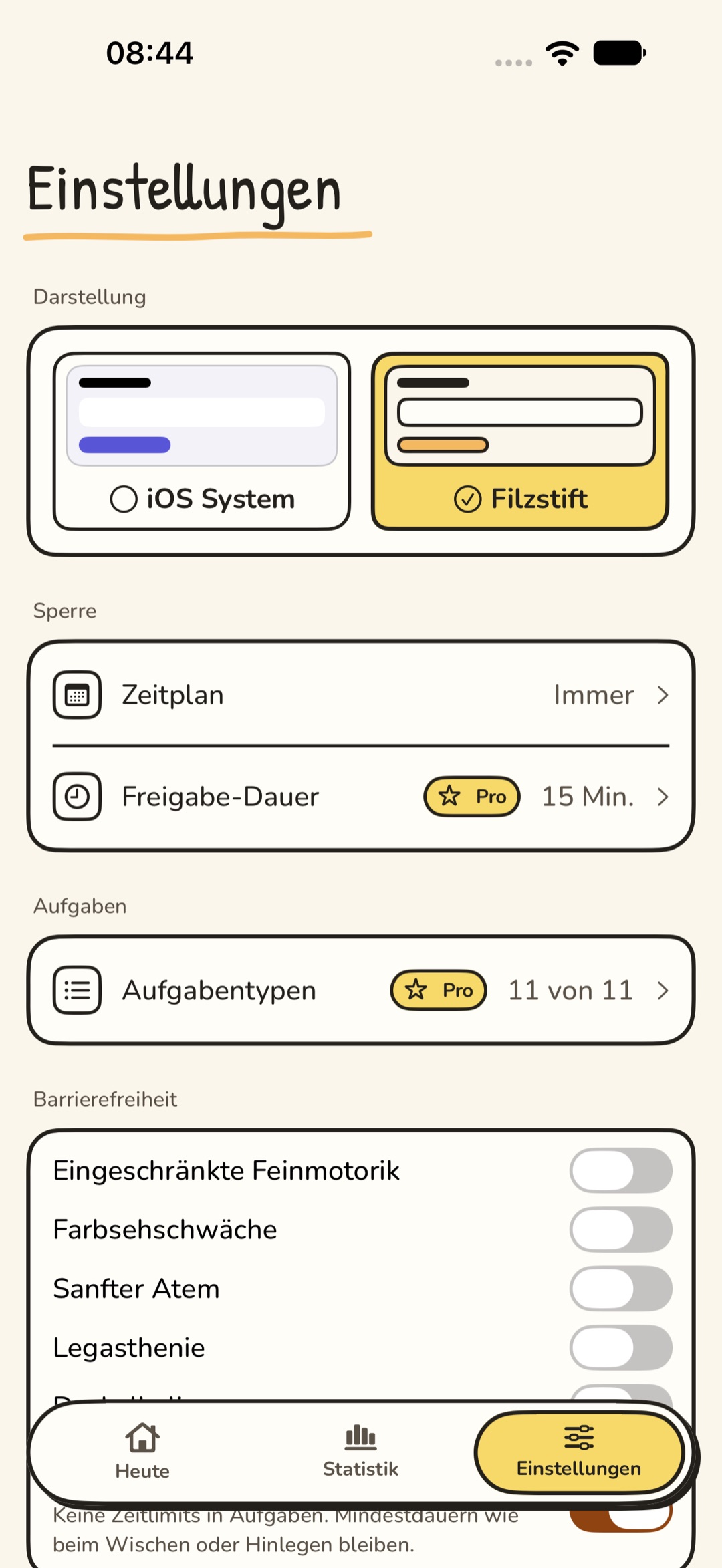 Einstellungen von PauseFirst im Design Filzstift: oben die Darstellung mit den Designs iOS System und Filzstift, Filzstift ausgewählt, darunter die Bereiche Sperre, Aufgaben und Barrierefreiheit mit Zeitplan, Freigabe-Dauer (Pro) und Aufgabentypen.
