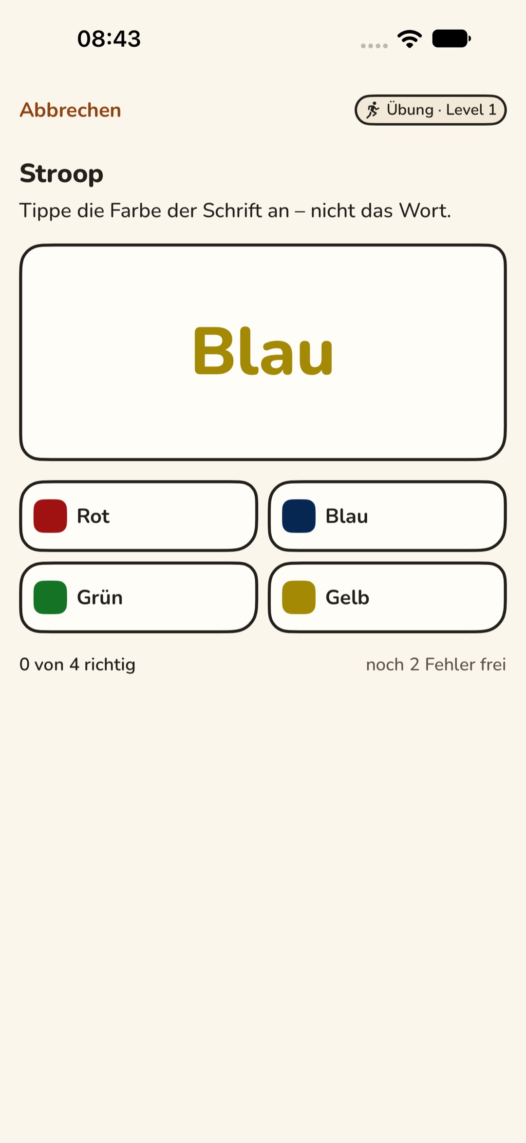 Farbwort-Aufgabe Stroop im Design Filzstift: cremefarbener Papierton, Karten mit schwarzer Kontur. Das Wort „Blau“ steht in gelber Schrift, darunter vier Farbfelder Rot, Blau, Grün und Gelb. Oben rechts steht „Übung · Level 1“.