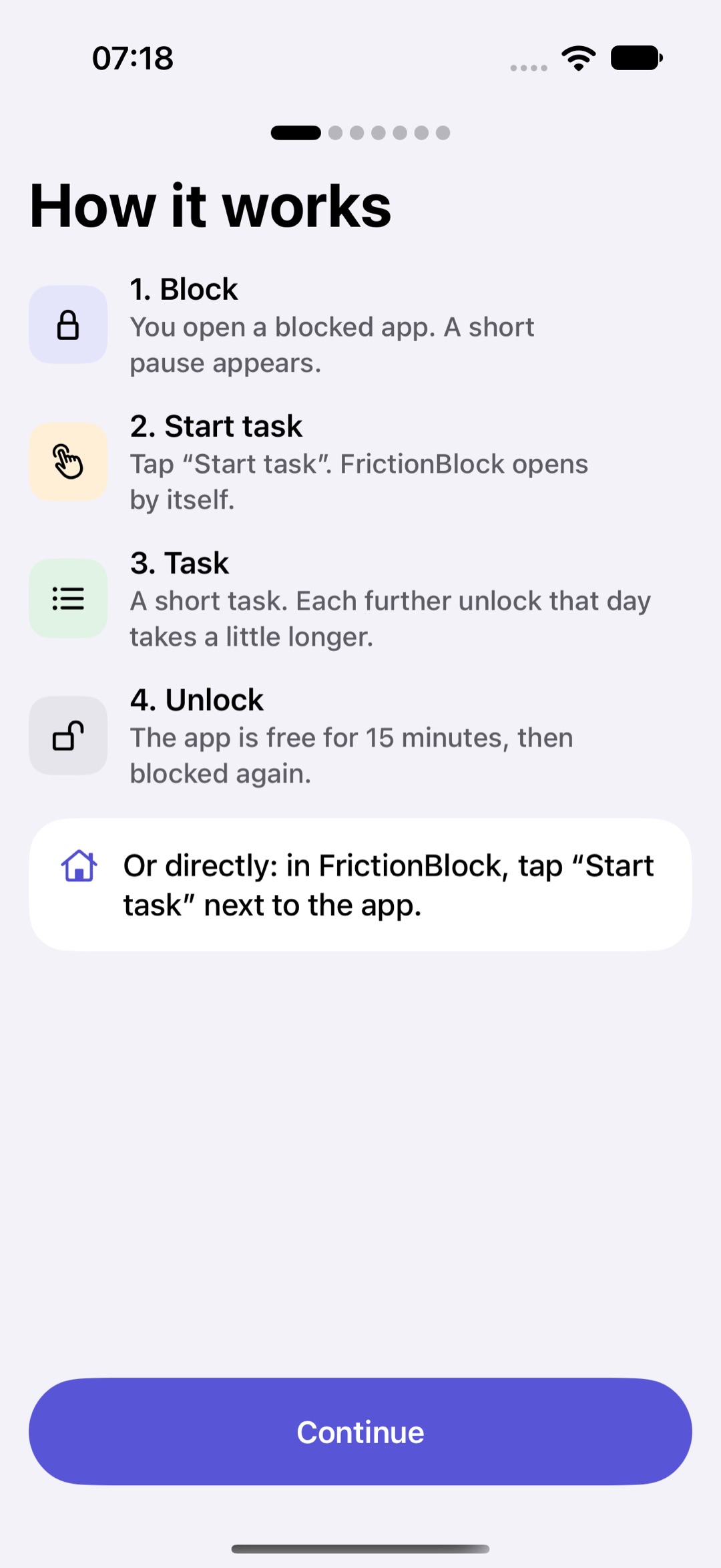 Onboarding screen “How it works” with four numbered steps: Block, Start task, Task and Unlock.