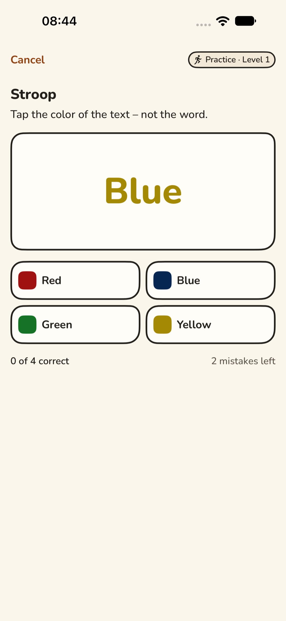 Stroop color-word task in the Felt Pen theme: a cream paper tone and cards with a black outline. The word “Blue” is written in yellow, below it four color buttons Red, Blue, Green and Yellow. Top right reads “Practice · Level 1”.