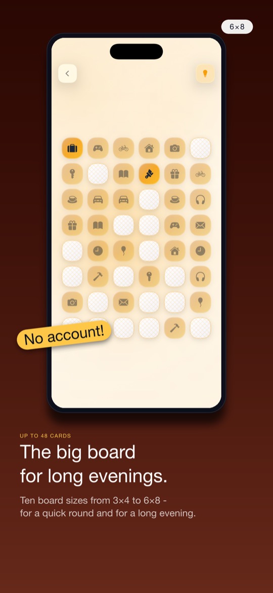 Store image with the label “6x8”, above an iPhone showing a large board in warm orange: 48 cards with symbols such as a suitcase, a gamepad, a bicycle, a house, a camera and a gift, many already turned over and others still face down, with a tilted yellow sticker reading “No account!”