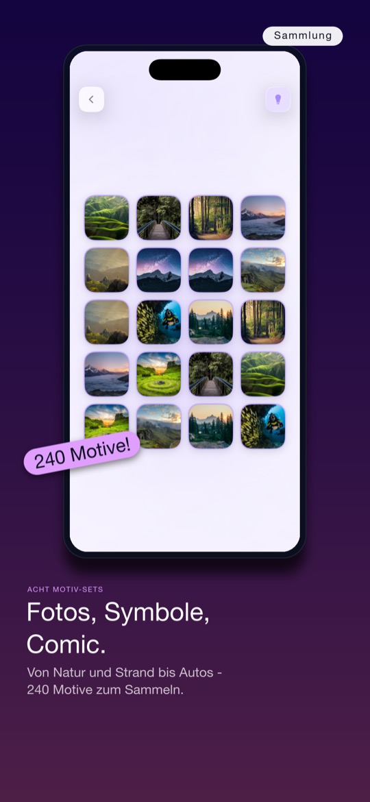 Store-Bild mit dem Etikett „Sammlung“, oben ein iPhone mit einem Brett aus Fotokarten in Violett: Landschaften mit Bergen, Wäldern, Stegen und Sternenhimmel, darüber ein schräger Aufkleber „240 Motive!“