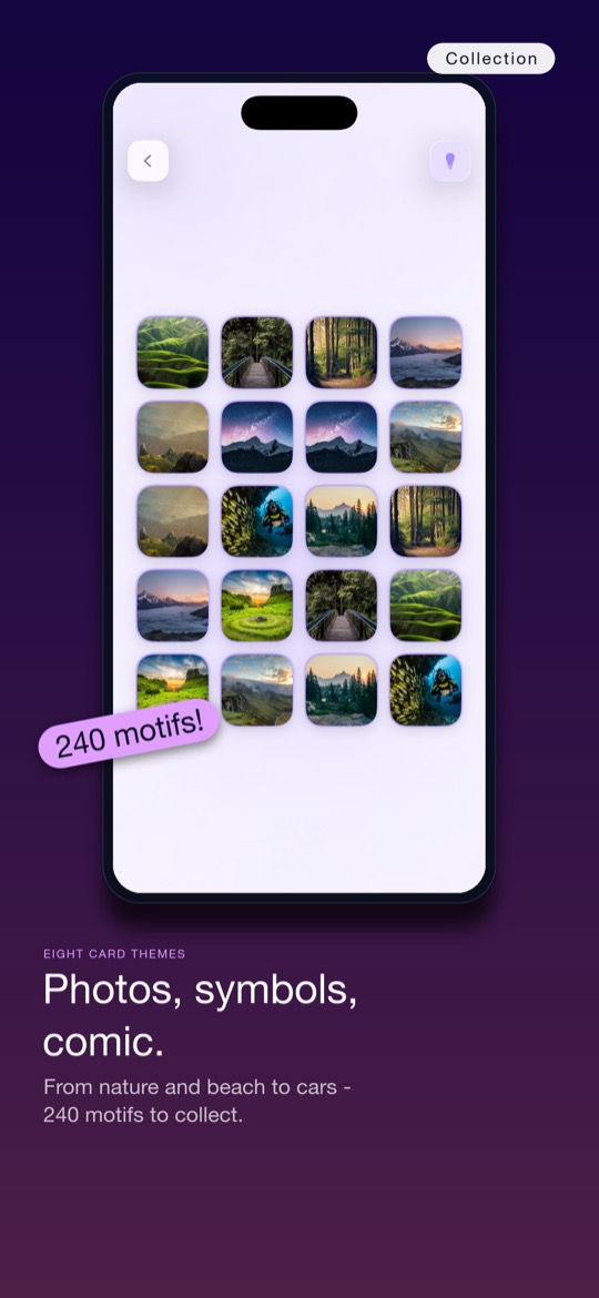 Store image with the label “Collection”, at the top an iPhone with a board of photo cards in violet: landscapes with mountains, forests, boardwalks and a starry sky, with a tilted sticker reading “240 motifs!”