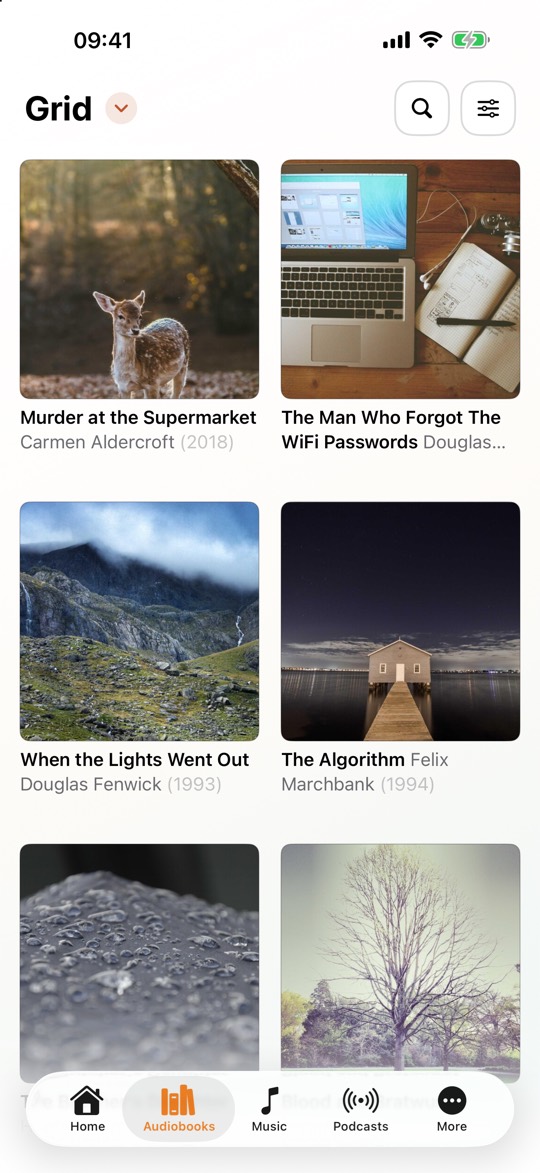 CLAUDIO audiobook library on iPhone: a heading reading Grid with a disclosure arrow, search and filter icons on the right, below it a two-column grid of large square covers with title, author and year under each