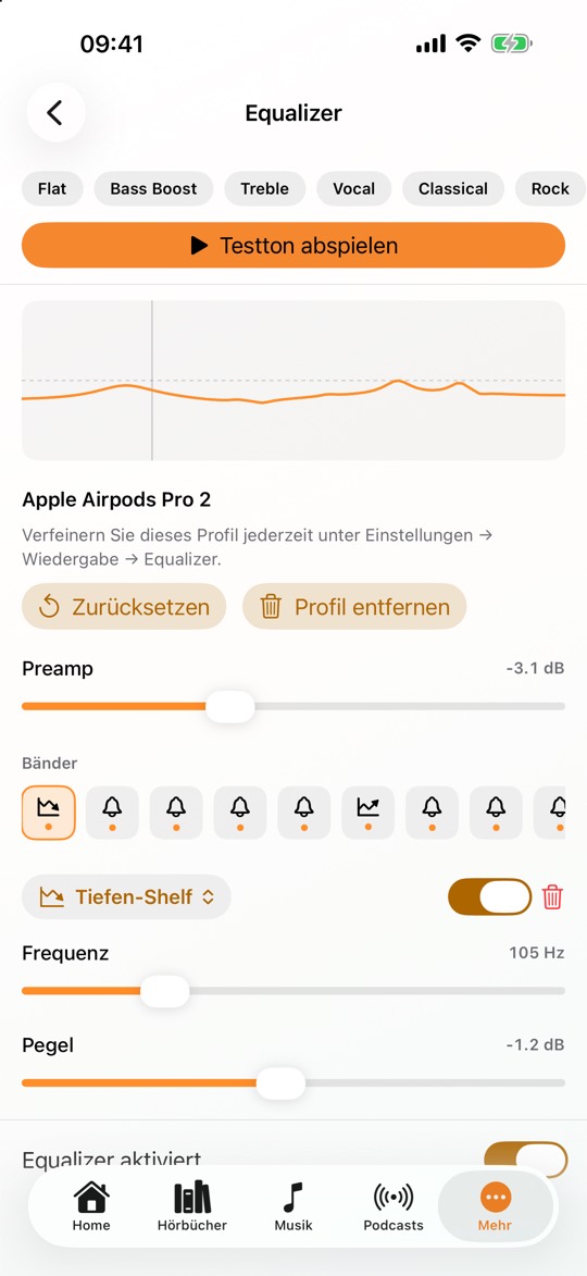 Equalizer-Ansicht mit Voreinstellungen wie Flat und Bass Boost, einer Frequenzkurve für Apple AirPods Pro 2 und Reglern für Preamp, Frequenz und Pegel
