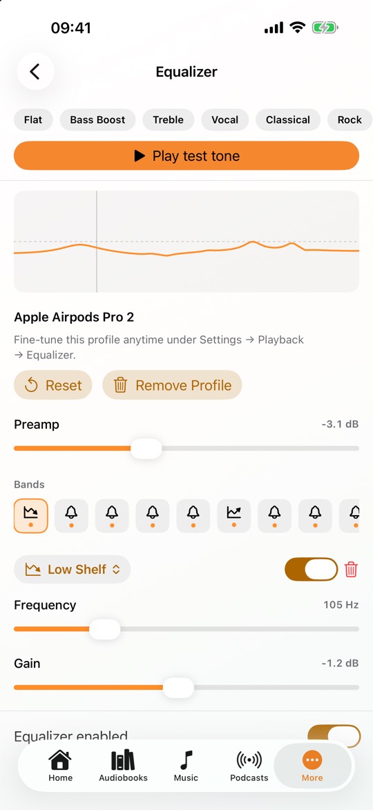 Equalizer view with presets such as flat and bass boost, a frequency curve for Apple AirPods Pro 2, and sliders for preamp, frequency and gain