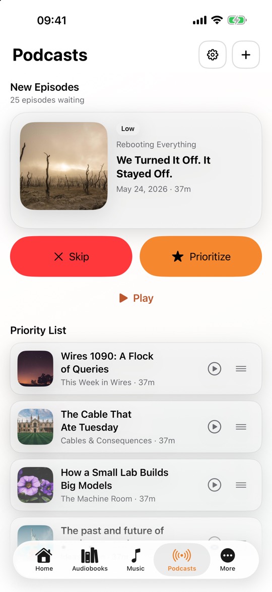 CLAUDIO podcast view: below the Podcasts heading, a New Episodes section with the number of waiting episodes and an episode card showing artwork, a Low priority label, show name, episode title, date and length, plus Skip, Prioritize and Play buttons, followed by a Priority List of episodes with artwork, play button and drag handle each