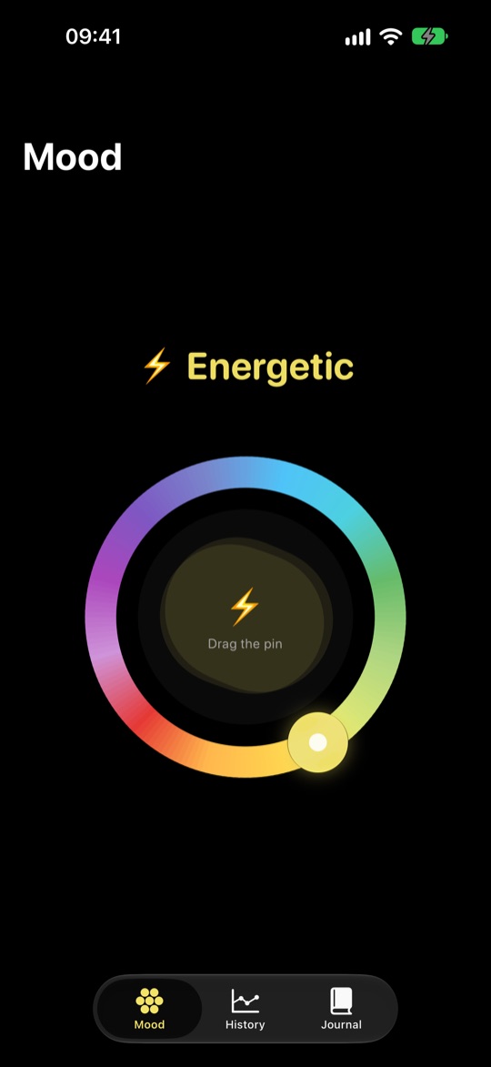 “Mood” screen: color wheel from blue to violet with the pin in the yellow section and the mood “Energetic” in large type with a lightning bolt emoji.