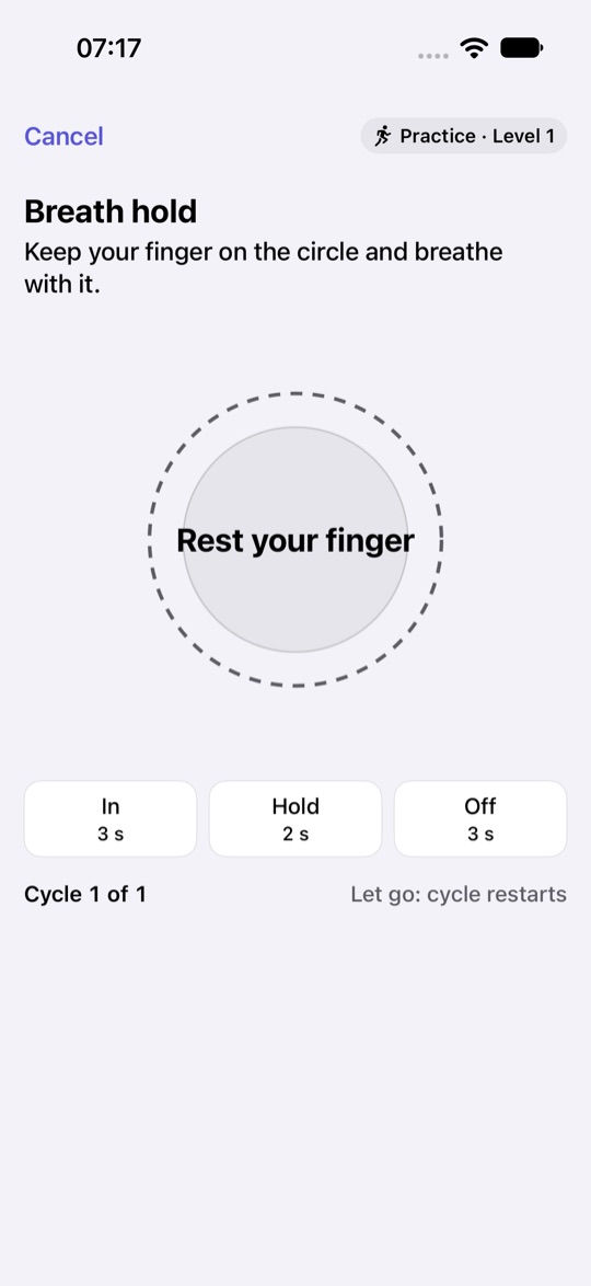 The Breath hold task on iPhone in the iOS System theme: Cancel and a Practice, Level 1 badge at the top, the instruction to keep your finger on the circle and breathe with it, and a grey circle labelled Rest your finger inside a dashed ring