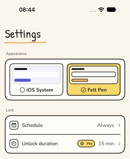 PauseFirst settings in the Felt Pen theme: a cream paper tone, the heading Settings in handwriting with a yellow underline, and below it under Appearance two cards with black outlines, iOS System on the left and Felt Pen on the right, highlighted in yellow and selected