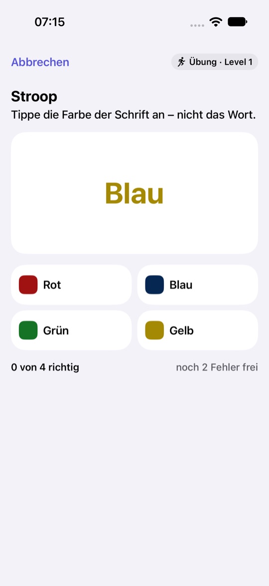 Stroop-Aufgabe im Übungsmodus auf Level 1, Design iOS System: das Wort „Blau“ in gelber Schrift, darunter vier Felder Rot, Blau, Grün und Gelb mit Farbquadrat, unten die Anzeigen „0 von 4 richtig“ und „noch 2 Fehler frei“