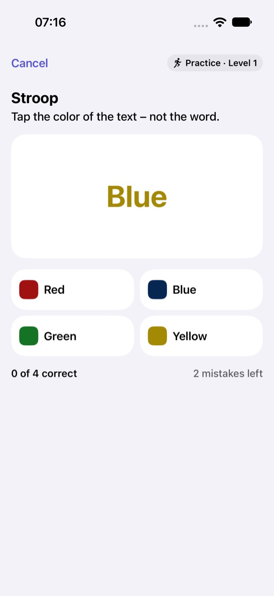 The Stroop task in practice mode at level 1, iOS System theme: the word Blue in yellow letters, four buttons below for Red, Blue, Green and Yellow with a color square each, and the counters 0 of 4 correct and 2 mistakes left at the bottom