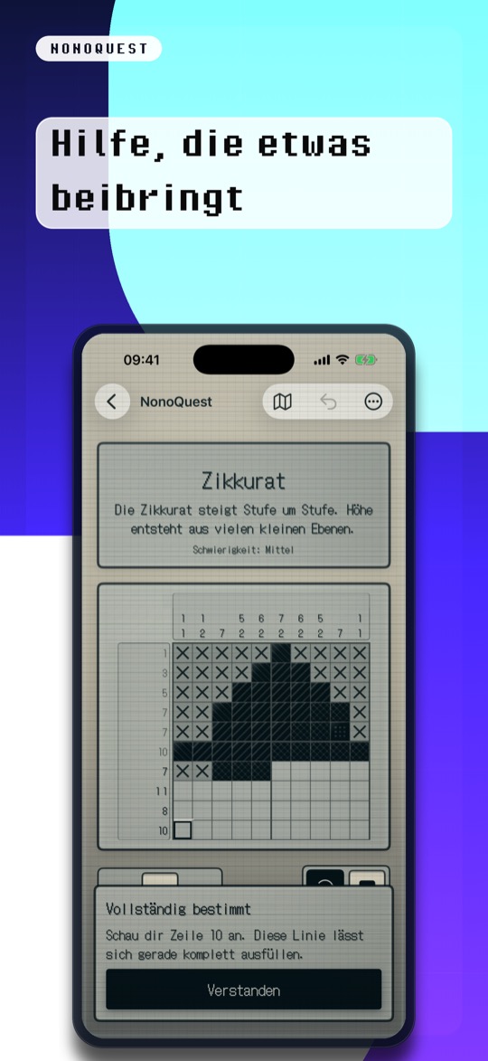 Store-Bild mit der Überschrift „Hilfe, die etwas beibringt“ in Pixelschrift, darunter ein iPhone mit dem Rätsel „Zikkurat“ und dem Satz „Die Zikkurat steigt Stufe um Stufe. Höhe entsteht aus vielen kleinen Ebenen.“, darunter ein teilweise gelöstes Raster und unten eine Hinweiskarte „Vollständig bestimmt“ mit dem Text „Schau dir Zeile 10 an. Diese Linie lässt sich gerade komplett ausfüllen.“ und der Taste „Verstanden“