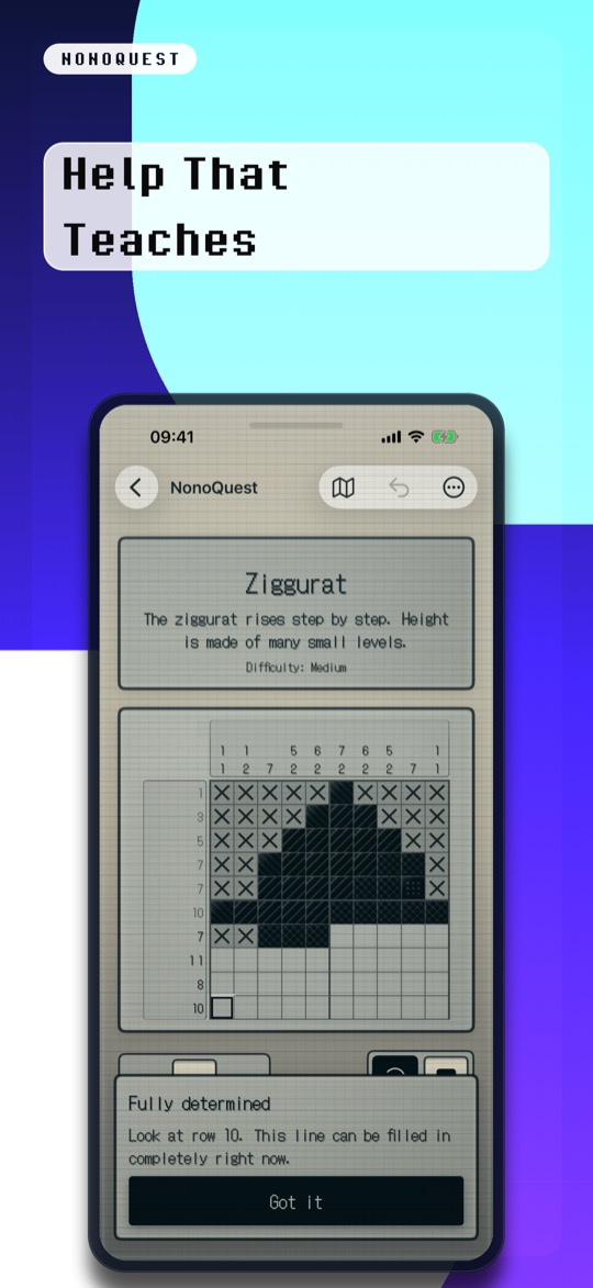 Store image headed “Help That Teaches” in a pixel font, above an iPhone showing the puzzle “Ziggurat” with the line “The ziggurat rises step by step. Height is made of many small levels.”, a partly solved grid, and at the bottom a hint card “Fully determined” reading “Look at row 10. This line can be filled in completely right now.” with a Got it button