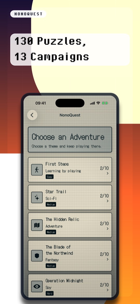 Store image headed “130 Puzzles, 13 Campaigns” in a pixel font, above an iPhone showing the Choose an Adventure screen: a list of campaigns with icon, theme, difficulty and progress 2/10, among them First Steps with “Learning by playing”, Star Trail with Sci-Fi, The Hidden Relic with Adventure and The Blade of the Northwind with Fantasy