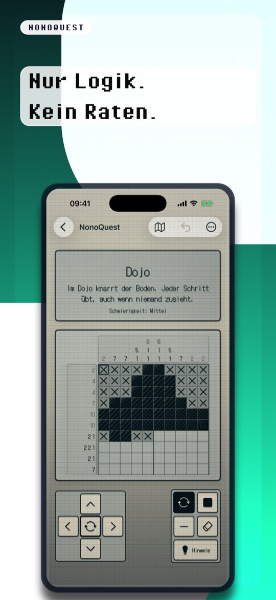 Store-Bild mit der Überschrift „Nur Logik. Kein Raten.“ in Pixelschrift, darunter ein iPhone mit NonoQuest im hellen Retro-Look: oben die Karte des Rätsels „Dojo“ mit dem Satz „Im Dojo knarrt der Boden. Jeder Schritt übt, auch wenn niemand zusieht.“ und der Angabe „Schwierigkeit: Mittel“, darunter ein 10x10-Raster mit Randzahlen, gefüllten und ausgekreuzten Feldern, unten ein Steuerkreuz und Tasten für Füllen, Kreuz, Radierer und Hinweis