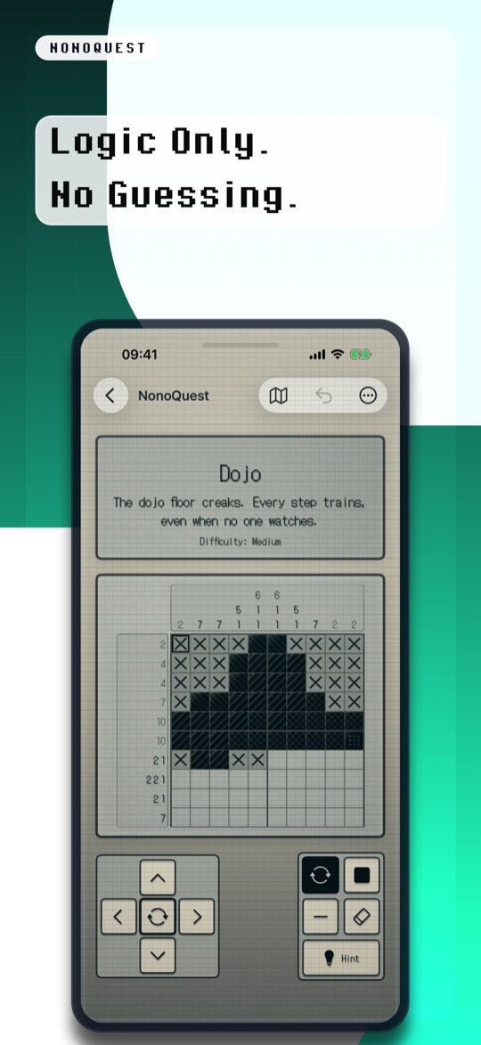 Store image headed “Logic Only. No Guessing.” in a pixel font, above an iPhone showing NonoQuest in its light retro look: the card for the puzzle “Dojo” with the line “The dojo floor creaks. Every step trains, even when no one watches.” and “Difficulty: Medium”, a 10x10 grid with edge clues, filled and crossed-out cells, and below it a directional pad and buttons for fill, cross, eraser and hint