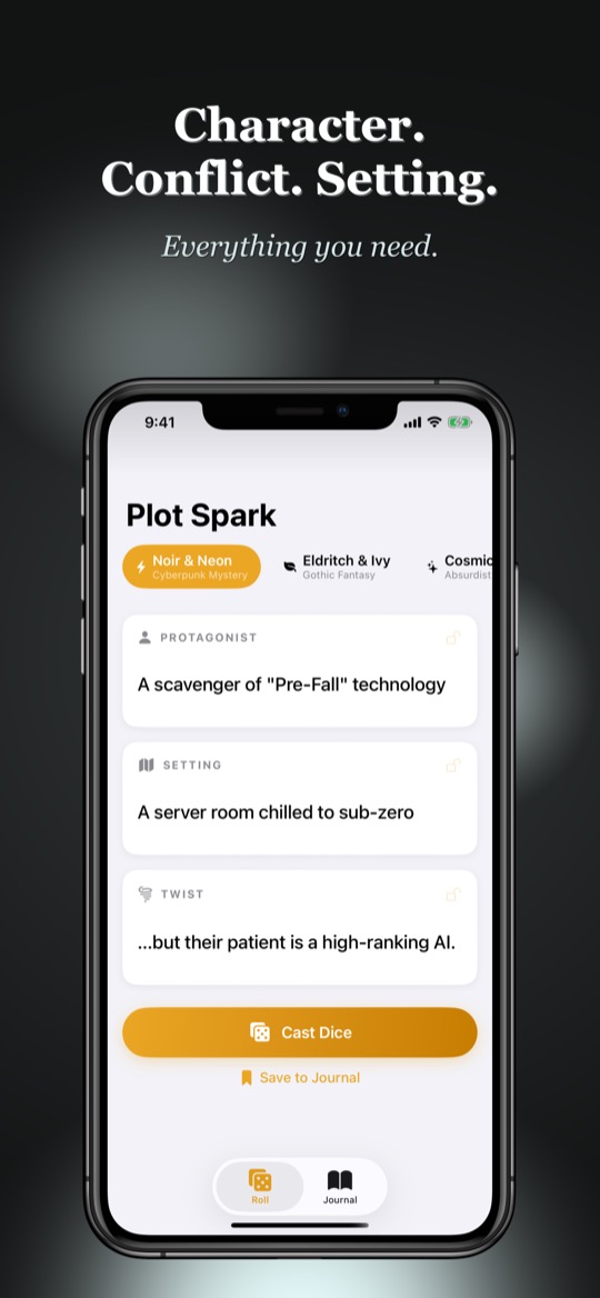 Store image with the headline “Character. Conflict. Setting.” and the line “Everything you need.”, above an iPhone showing a rolled prompt from the Noir & Neon kit: Protagonist “A scavenger of Pre-Fall technology”, Setting “A server room chilled to sub-zero”, Twist “...but their patient is a high-ranking AI.”, a lock icon beside each field, and Cast Dice and Save to Journal below