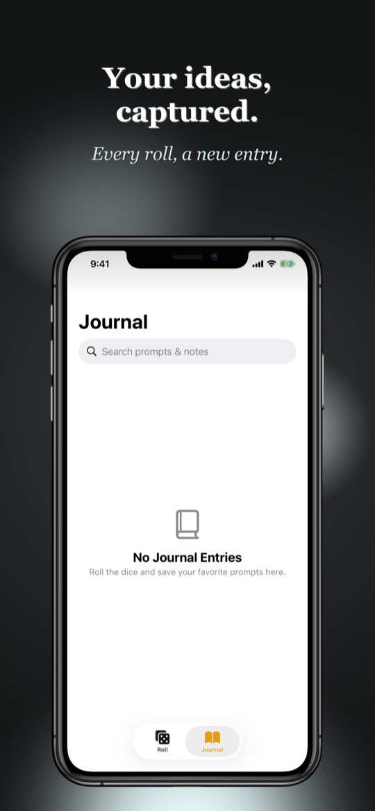 Store image with the headline “Your ideas, captured.” and the line “Every roll, a new entry.”, above an iPhone showing the journal while still empty: a search field reading “Search prompts & notes” at the top and a book icon with “No Journal Entries” in the middle