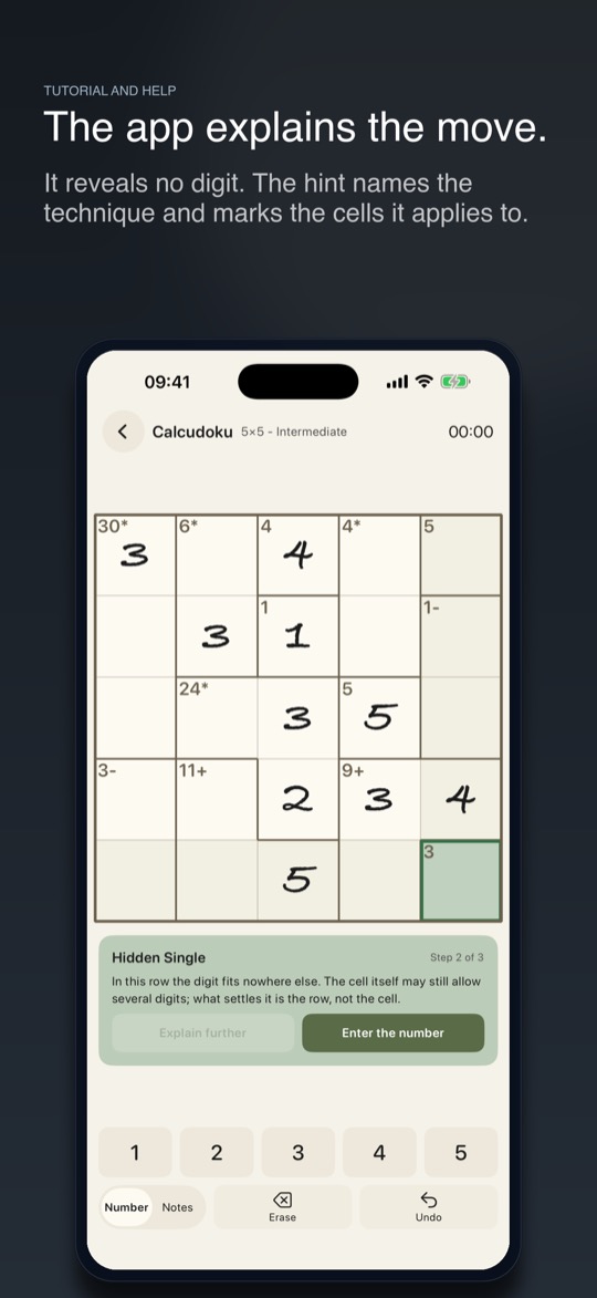 Store image headed “The app explains the move.” with the line “It reveals no digit. The hint names the technique and marks the cells it applies to.”, above an iPhone showing a 5x5 Calcudoku: cages with targets such as 30*, 6* and 11+, one cell highlighted in green, and below it a hint card “Hidden Single” marked “Step 2 of 3” with the buttons Explain further and Enter the number
