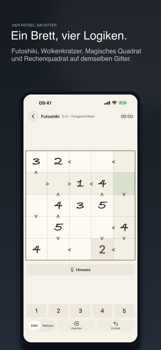 Store-Bild mit der Überschrift „Ein Brett, vier Logiken.“ und der Zeile „Futoshiki, Wolkenkratzer, Magisches Quadrat und Rechenquadrat auf demselben Gitter“, darunter ein iPhone mit einem Futoshiki 5x5 auf der Stufe Fortgeschritten: cremefarbenes Gitter mit handschriftlichen Ziffern und kleinen Zeichen zwischen den Feldern, darunter die Taste Hinweis und das Zahlenfeld von 1 bis 5