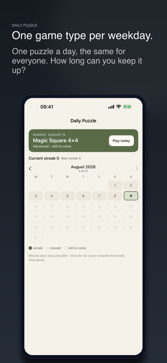 Store image headed “One game type per weekday.” with the line “One puzzle a day, the same for everyone. How long can you keep it up?”, above an iPhone showing the Daily Puzzle screen: a green card for Sunday, August 9 with “Magic Square 4x4”, the Advanced level and a Play today button, followed by the streak counters and a calendar for August 2026
