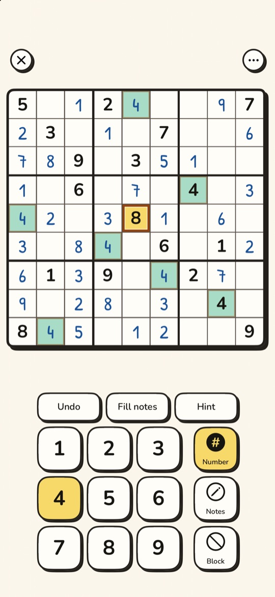 Sudoku Pro on iPhone in the Felt Pen theme, light appearance: a cream paper tone, a 9x9 board with a black outline and a hard offset shadow, printed and blue hand-drawn digits, the active cell with the 8 in yellow, the selected 4 and every 4 marked in teal