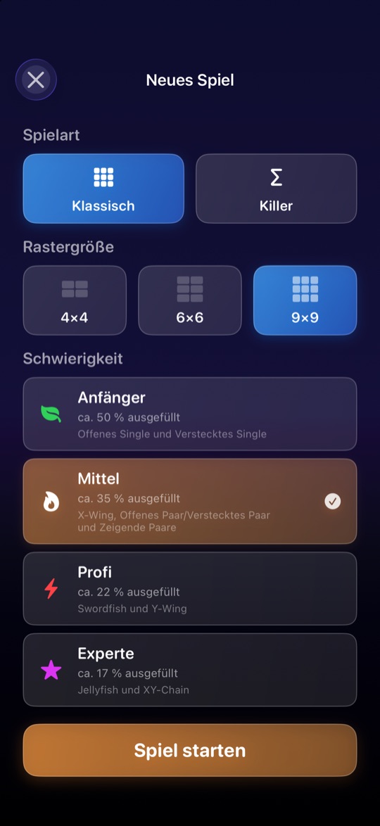 Auswahlbildschirm „Neues Spiel“ auf dem iPhone in Dunkelblau: Spielart Klassisch oder Killer, Rastergröße 4x4, 6x6 oder 9x9 mit ausgewähltem 9x9, darunter angeschnitten die Schwierigkeitsstufen