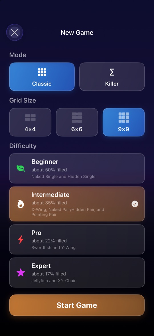 New Game screen on iPhone in dark blue: mode set to Classic or Killer, grid sizes 4x4, 6x6 and 9x9 with 9x9 selected, and the difficulty levels cut off below