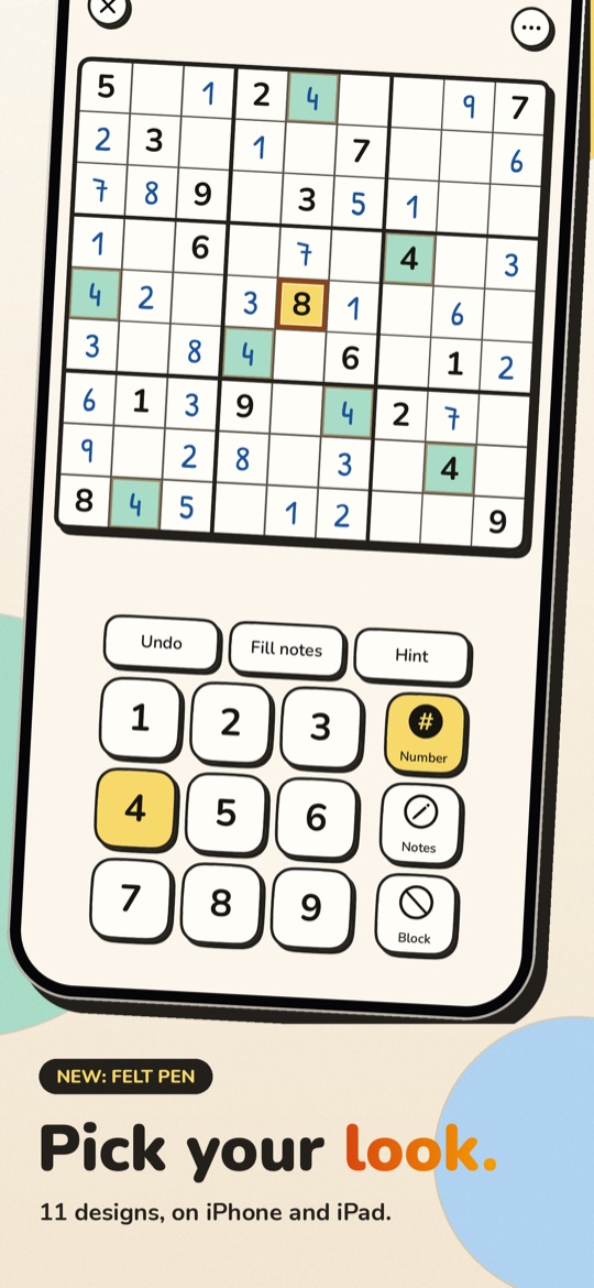 App Store image with the label “New: Felt pen”, the heading “Pick your look.” and the line “11 designs, on iPhone and iPad.”, with an iPhone in the Felt Pen design: light paper, hand-drawn digits, a yellow 8 and 4, keys with a hard shadow