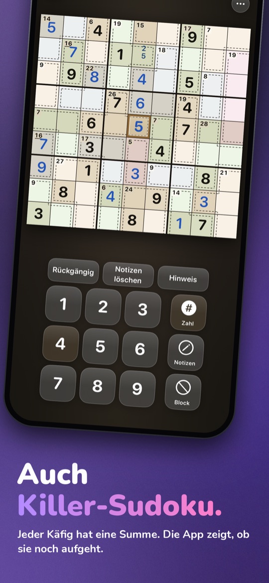 App-Store-Bild mit der Überschrift „Auch Killer-Sudoku.“ und dem Satz „Jeder Käfig hat eine Summe. Die App zeigt, ob sie noch aufgeht.“, dazu ein schräg gestelltes iPhone mit einem Killer-Sudoku aus pastellfarbenen Käfigen mit gestrichelten Rändern und kleinen Summen in den Ecken