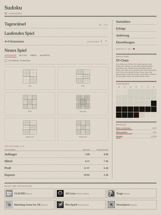 iPad-Zeitungsausgabe in hellem Papierton mit Serifenschrift: Kopf „Sudoku“ mit der Angabe „12 Tagesserie“, links eine Spalte mit Tagesrätsel, laufendem Spiel und „Neues Spiel“ samt Kacheln für 4x4, 6x6, 9x9, Samurai, Killer 6x6 und Killer 9x9, rechts eine Spalte, die oben mit Statistiken und Erfolgen beginnt