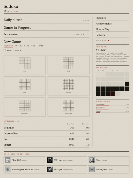 iPad newspaper edition on a light paper tone with serif type: a Sudoku masthead with a 12 day streak note, a left column with the daily puzzle, a game in progress and New Game tiles for 4x4, 6x6, 9x9, Samurai, Killer 6x6 and Killer 9x9, and a right-hand column starting with statistics and achievements