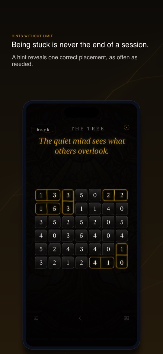 Store image headed “Being stuck is never the end of a session.” with the line “A hint reveals one correct placement, as often as needed.”, above an iPhone showing the board at the level “The Tree”, with a few pairs outlined in gold and the rest of the number stones still open