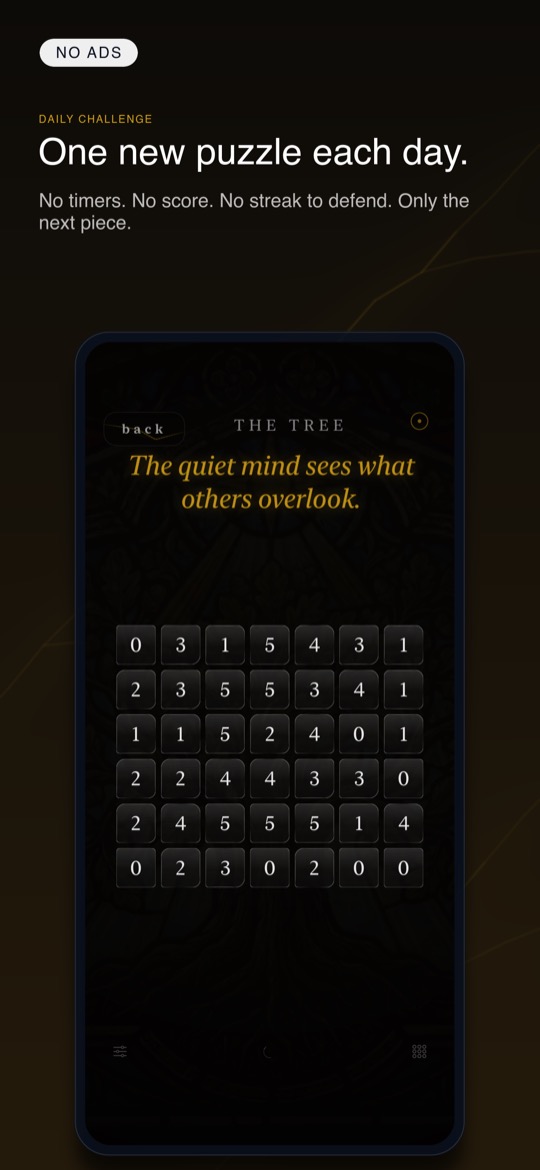 Store image with the label “No ads”, the heading “One new puzzle each day.” and the line “No timers. No score. No streak to defend. Only the next piece.”, above an iPhone showing an untouched dark board at the level “The Tree”: six rows of seven number stones from 0 to 5 beneath the golden saying “The quiet mind sees what others overlook.”